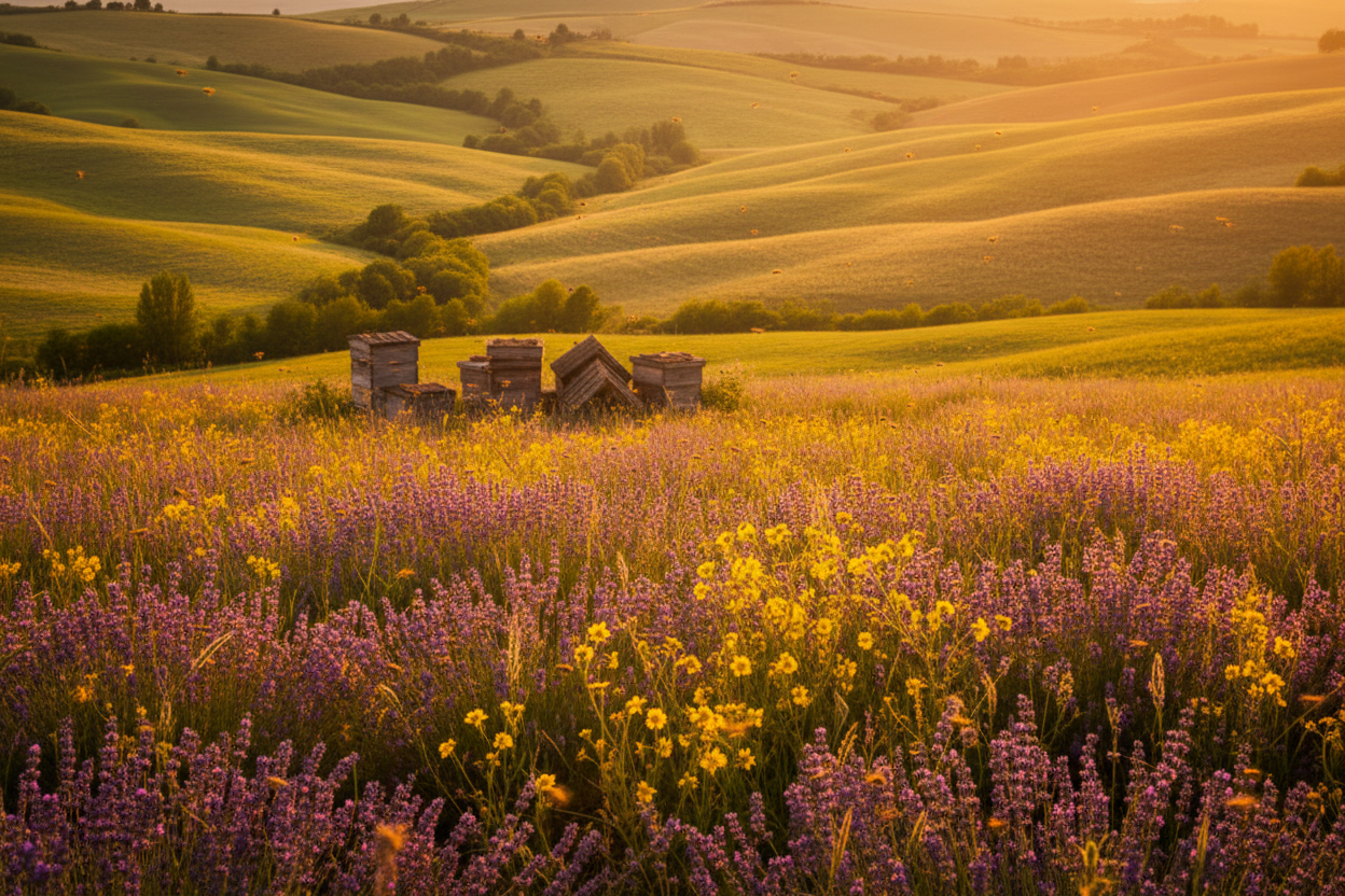 Campagna italiana al tramonto con alveari